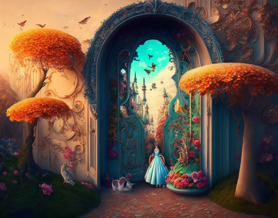 Young girl in blue dress in front of magical city door with whimsical creatures