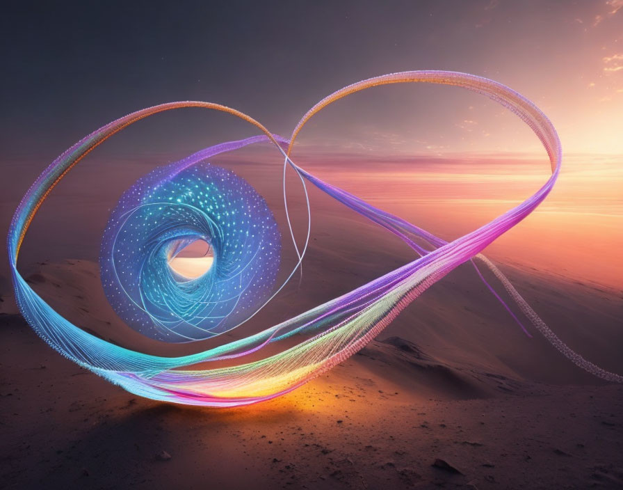 Colorful infinity symbol over desert landscape at sunset