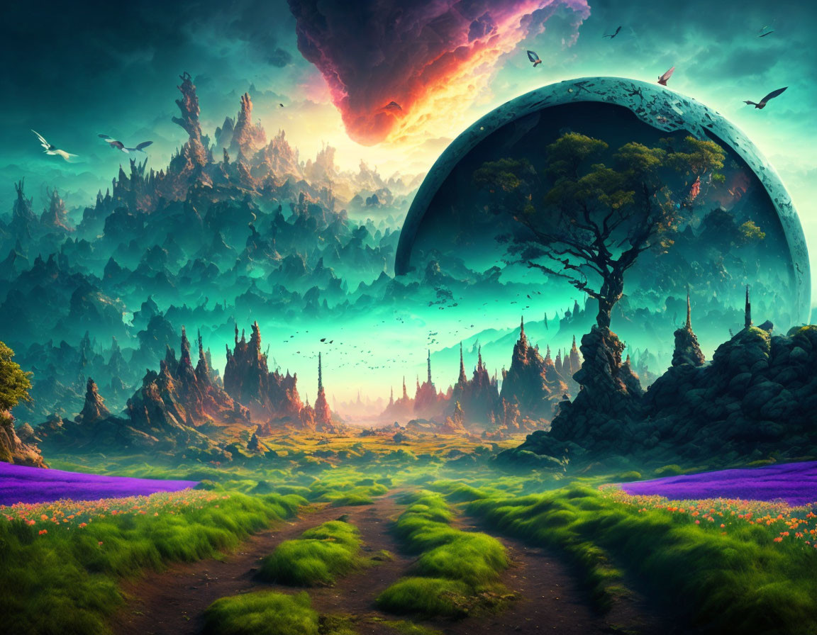 Colorful Fantasy Landscape with Celestial Body, Tree, Birds, and Pathway