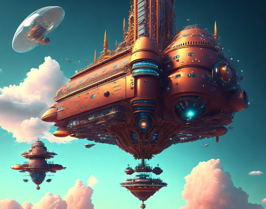 Copper-hued airships in blue sky with distant planet