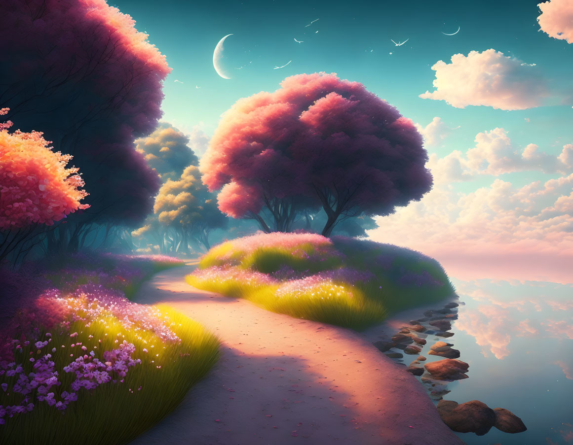 Colorful, luminous trees in a dreamlike landscape under a twilight sky