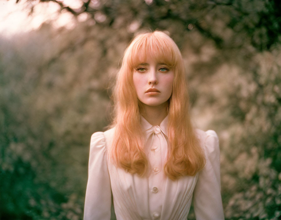 Blonde woman in cream blouse gazes at camera in nature.