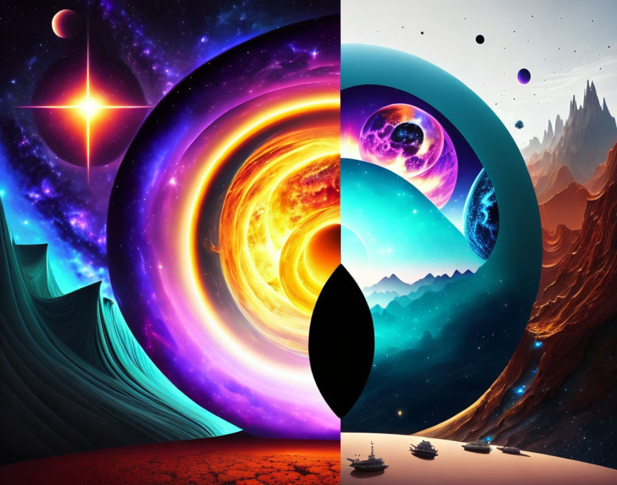 Fantasy Digital Collage: Celestial, Alien, and Colorful Landscapes