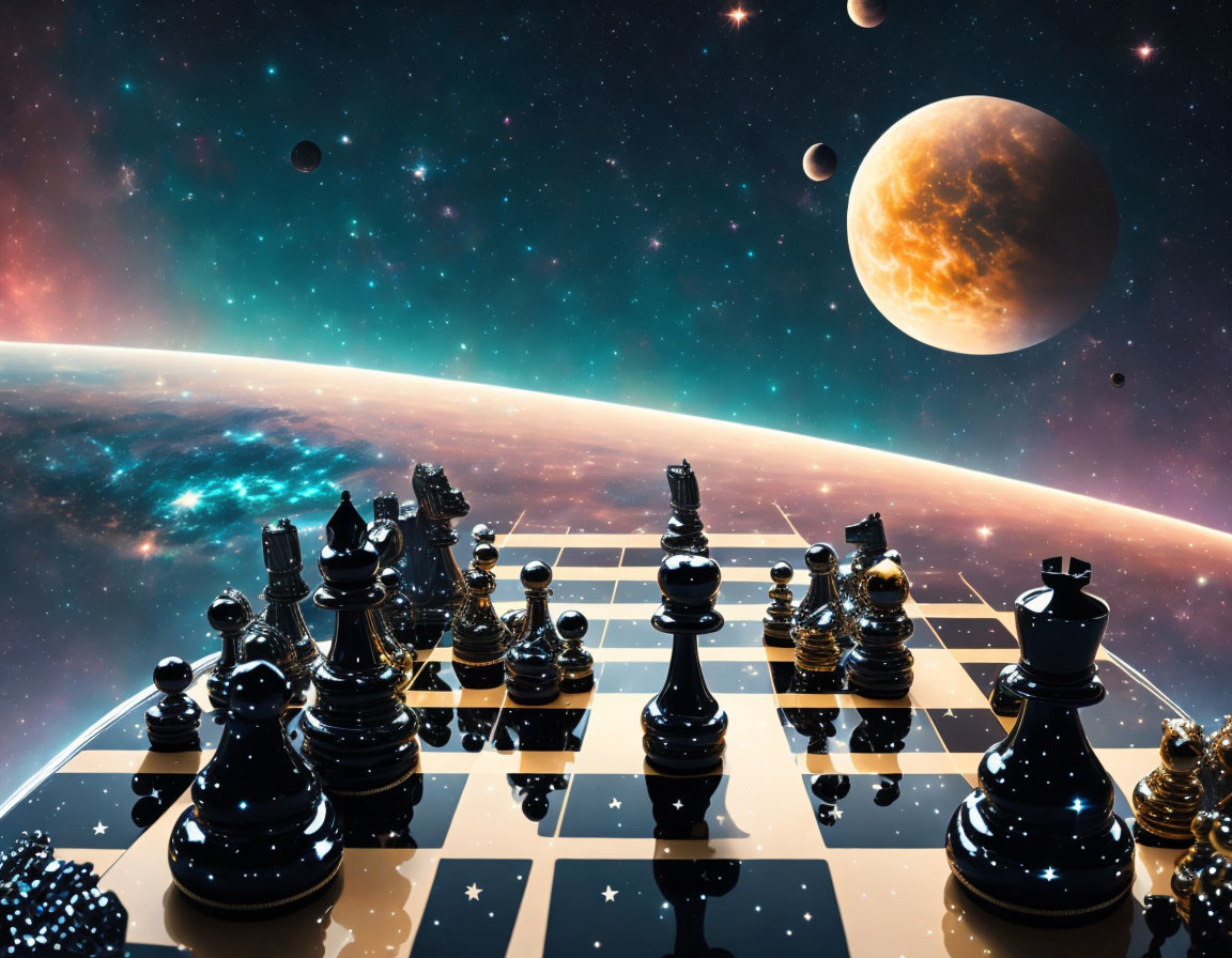 Chessboard with cosmic backdrop of stars and galaxy.