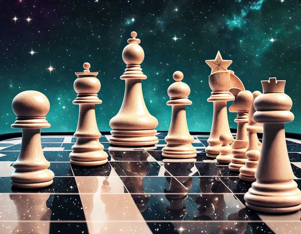 Chessboard with cosmic background and pieces for strategic thinking.