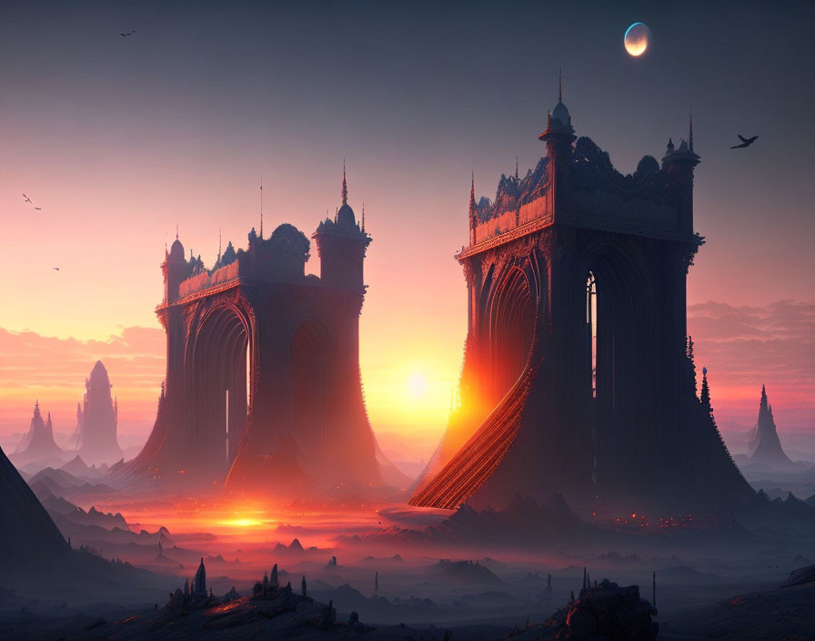 Enormous ornate bridge in majestic fantasy sunset landscape