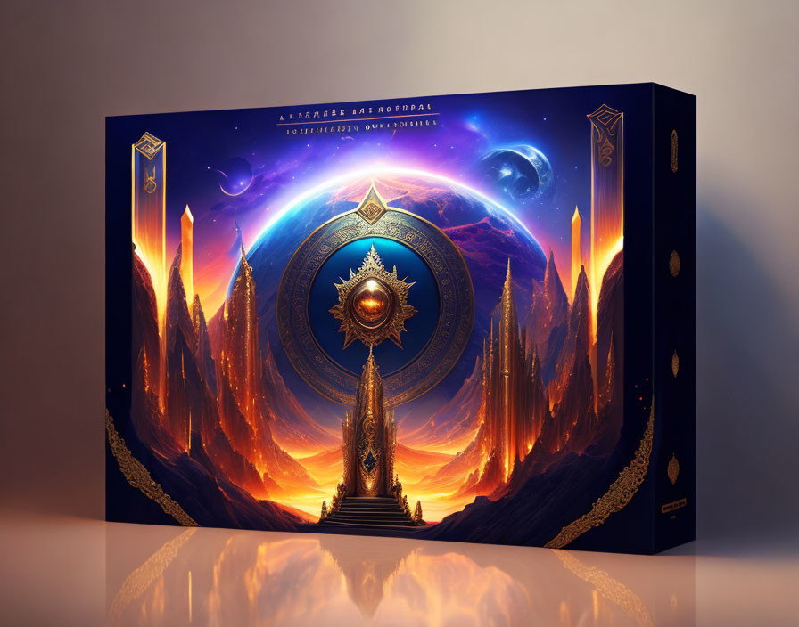 Fantasy-themed board game box with cosmic and fiery landscape artwork