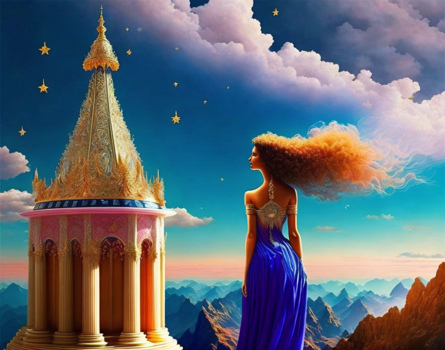 Woman in blue dress admires golden tower in surreal landscape