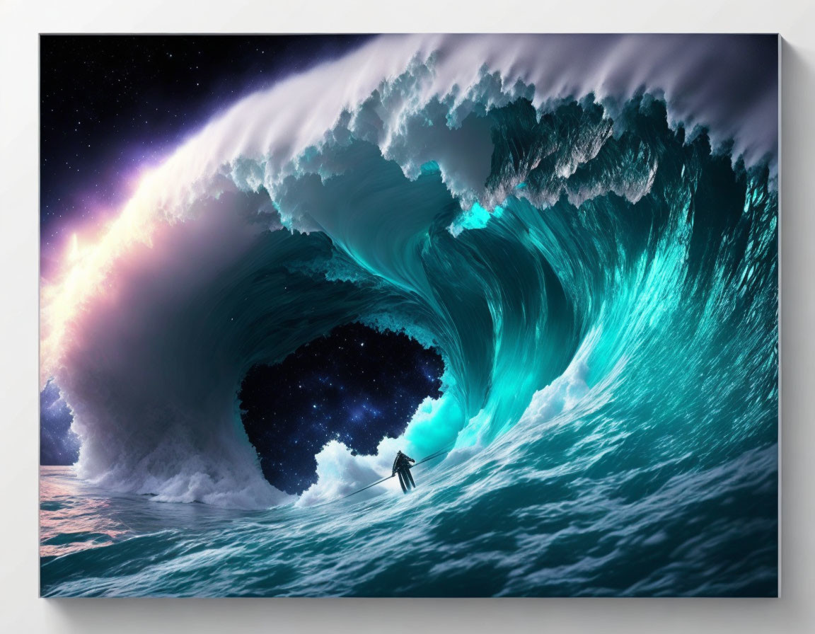 Surfer riding massive wave under starlit sky with cosmic glow