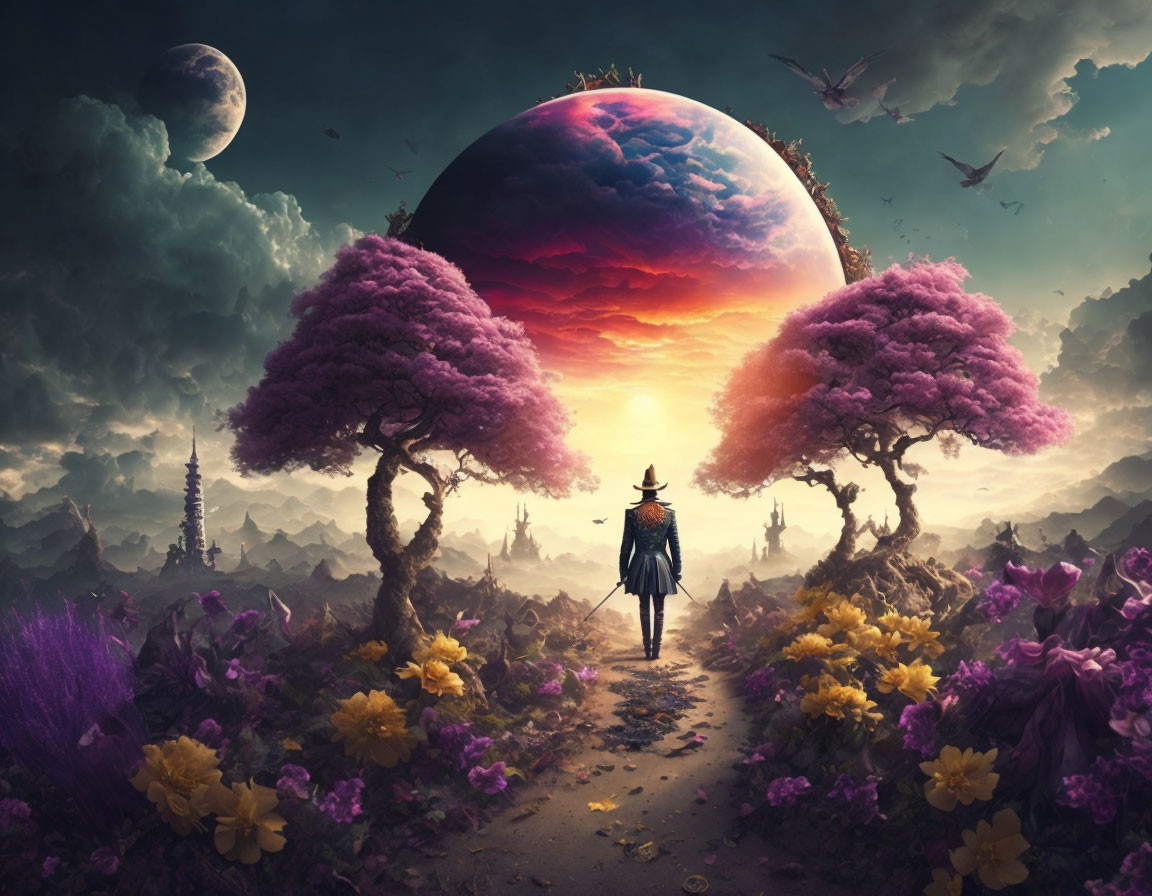 Person in hat walking towards giant sun between purple trees in surreal landscape with moon, birds, and vibrant