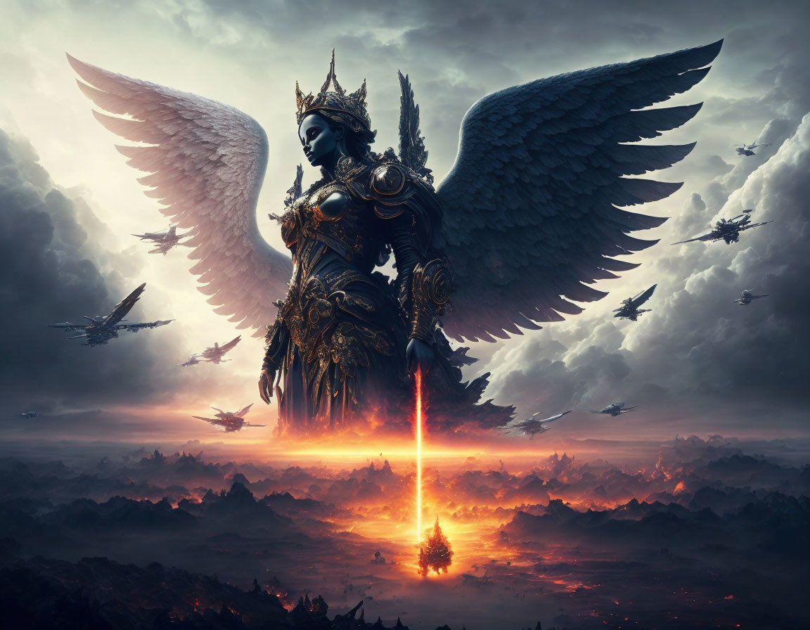 Winged warrior in ornate armor with glowing sword in fiery landscape