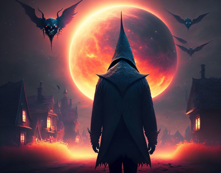 Mysterious cloaked figure under red moon with flying creatures and glowing landscape