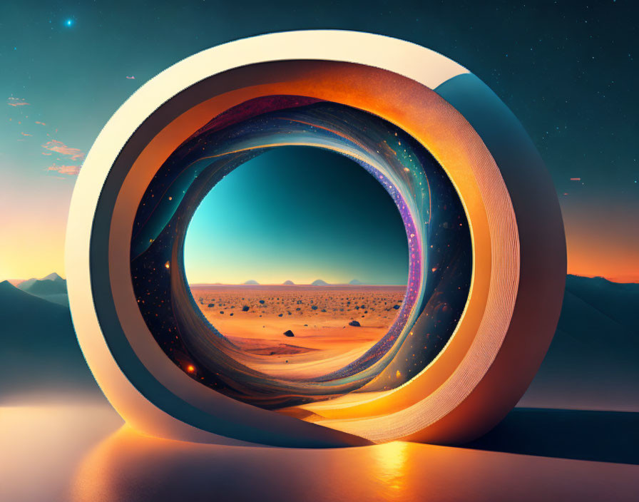 Surreal portal above desert landscape at twilight