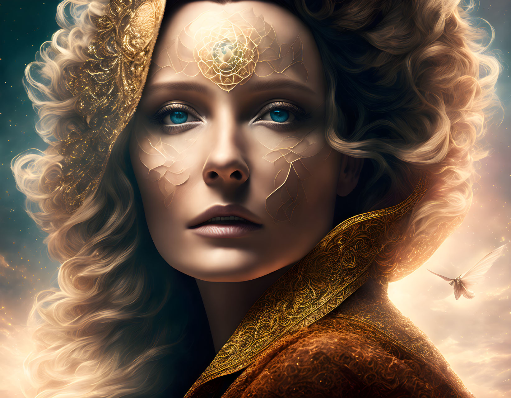 Digital portrait: Woman with blue eyes, golden headgear, cracked skin effect, starry backdrop