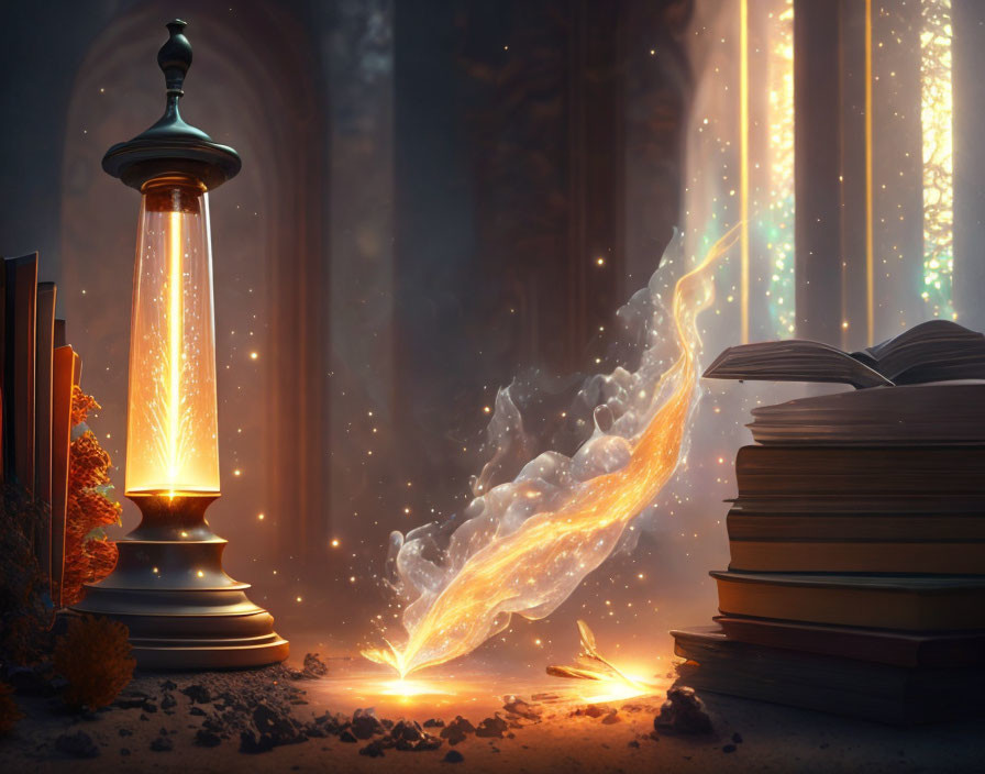 Enchanted lantern casting swirling light beam in dimly lit library