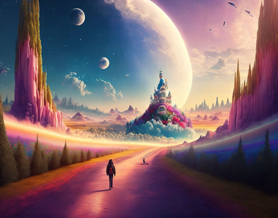 Person on vibrant path to fantastical castle in surreal landscape