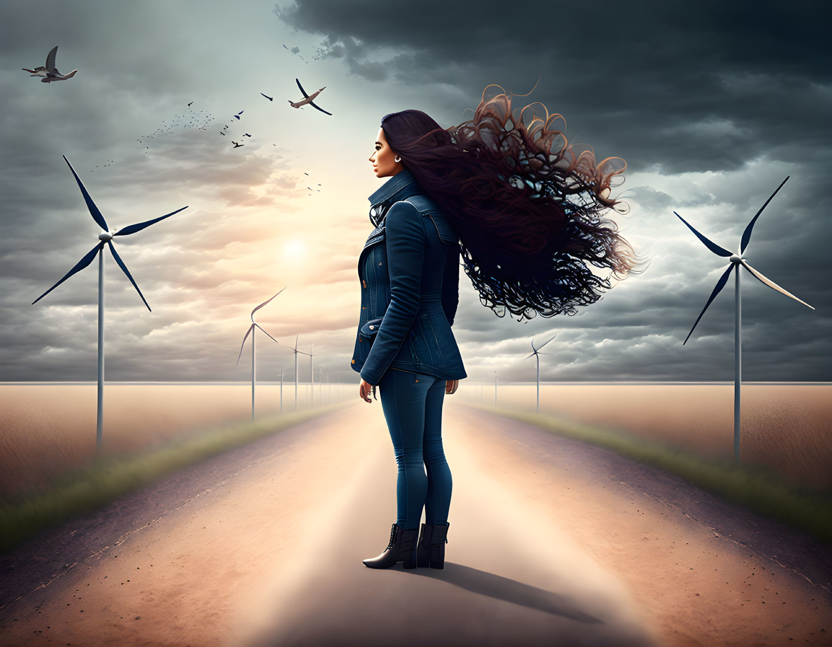 Woman with long hair on road surrounded by wind turbines and birds under dramatic sky