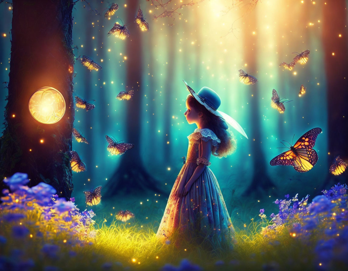 Enchanted forest scene with girl in vintage dress and glowing butterflies