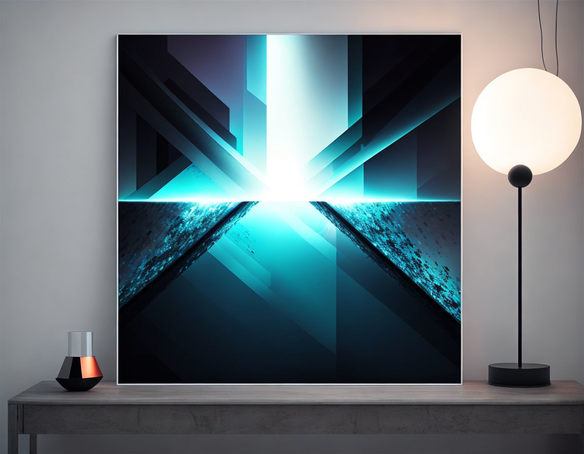 Geometric Art: Blue Light Beams in Dark Corridor on Canvas