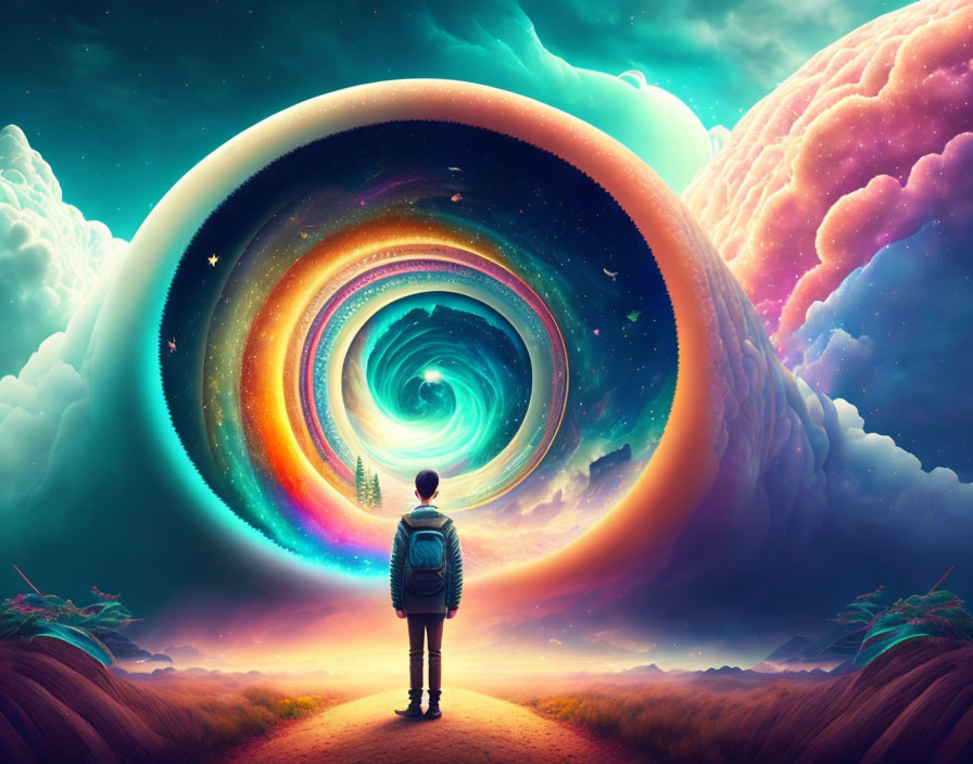 Vibrant cosmic portal with surreal landscapes and dreamy sky