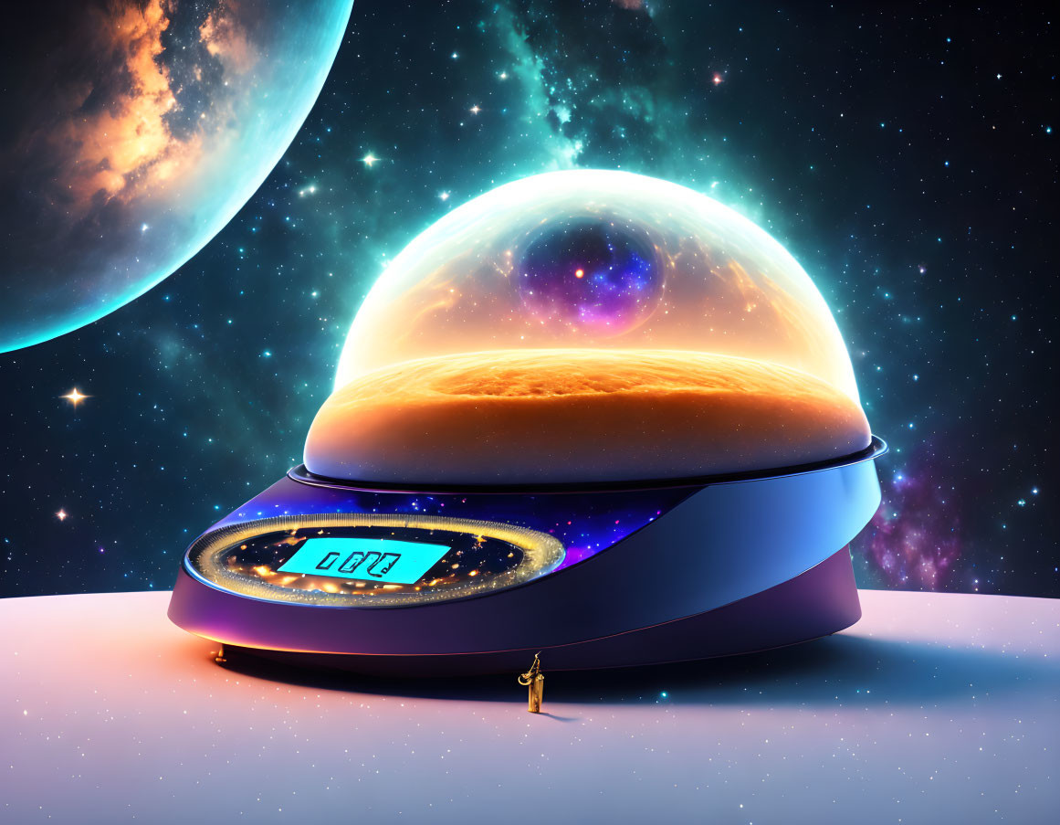 Miniature figure with futuristic alarm clock and glowing orange planet in cosmic scene