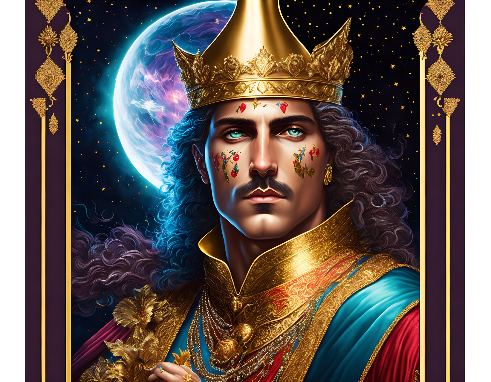 Regal figure with crown in gold, turquoise, and red, under moonlit sky and ornate