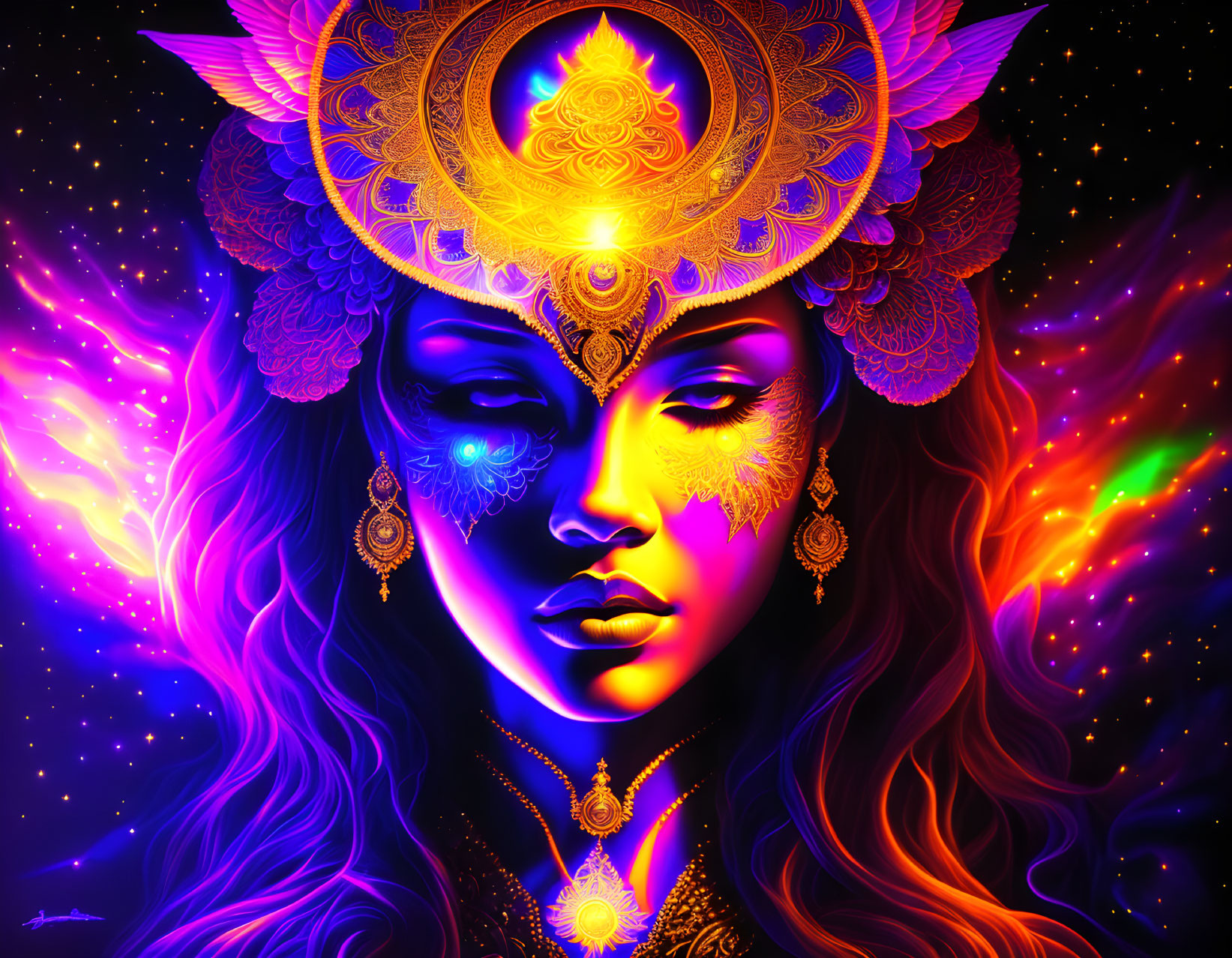 Colorful digital artwork: Woman with golden headdress in cosmic setting