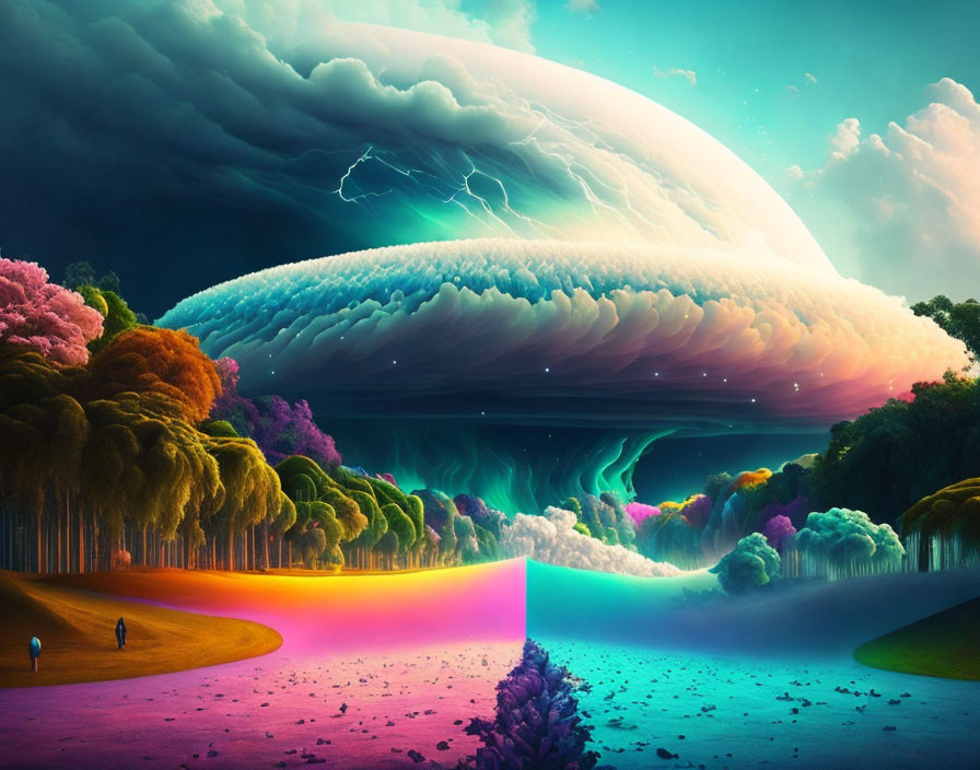 Vibrant multicolored sky with storm cloud and surreal foliage, figures watching.