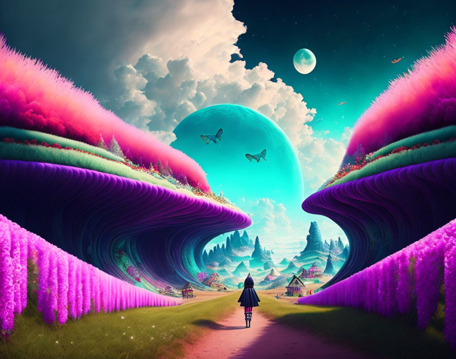 Vibrant surreal landscape with oversized mushrooms, whimsical flora, and a large moon