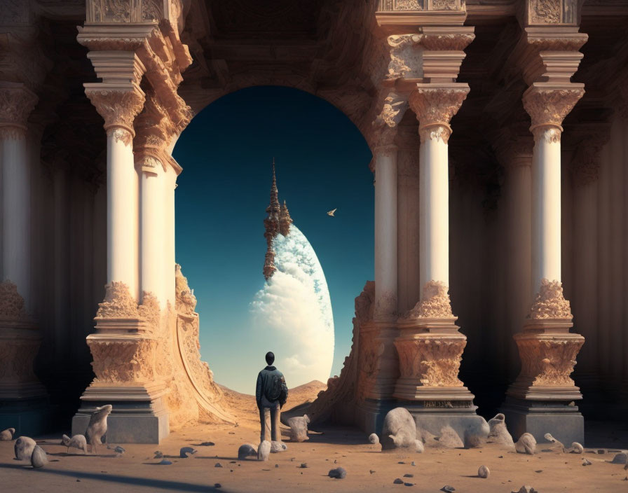 Person standing in grand archway gazes at fantastical tower in surreal sky