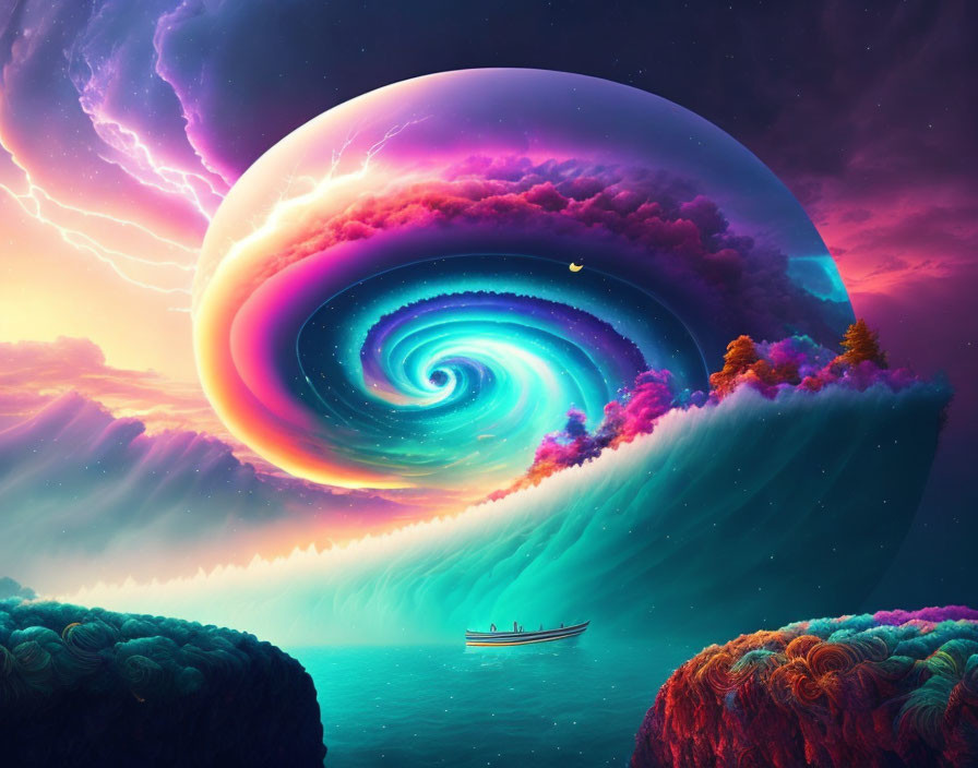 Colorful Small Boat Sailing Near Surreal Waves and Vibrant Sky