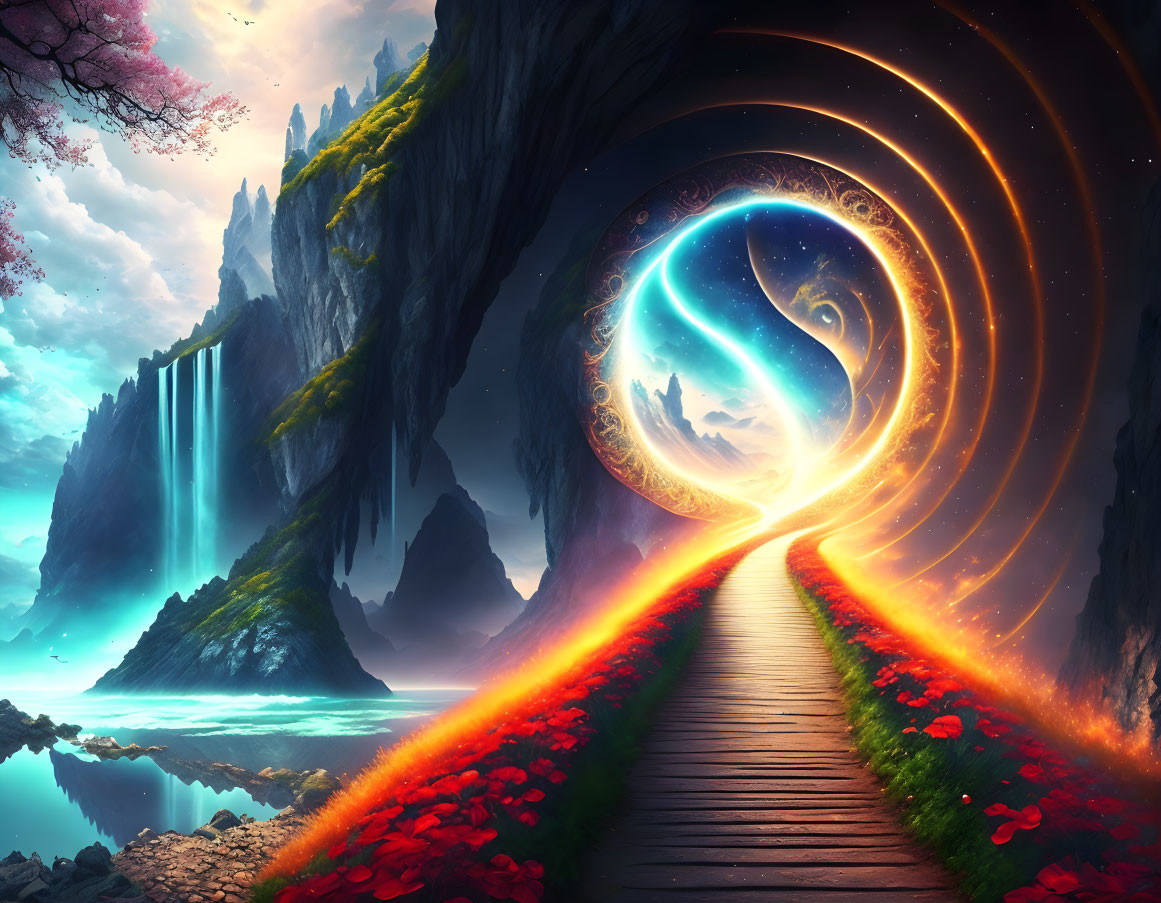 Enchanting pathway with glowing red flowers, swirling portal, cliffs, waterfall, and blossoming tree