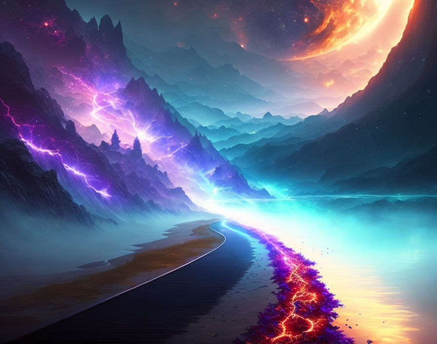 Fantastical landscape with purple electrified mountains and glowing blue river