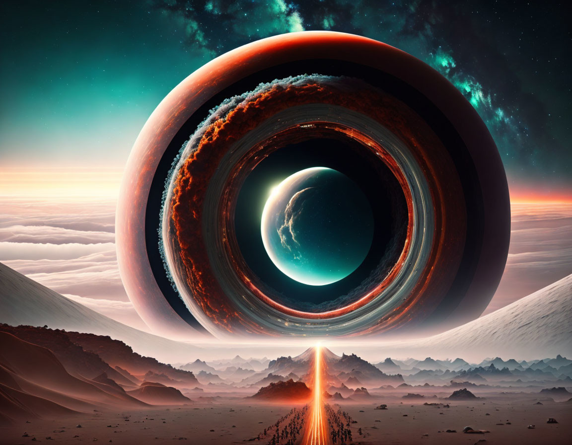 Surreal landscape with giant ringed planet, smaller planet, starry sky, and fiery comet