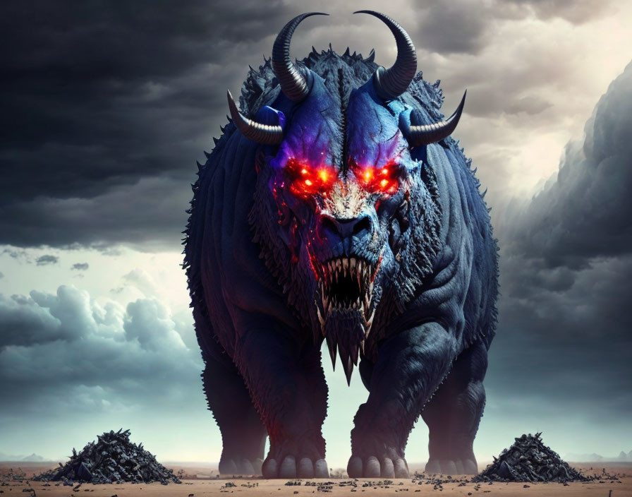 Menacing fantasy beast with glowing red eyes and sharp horns under stormy sky