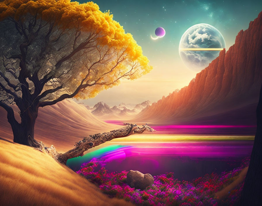 Colorful Fantasy Landscape with Tree, Moon, and Water