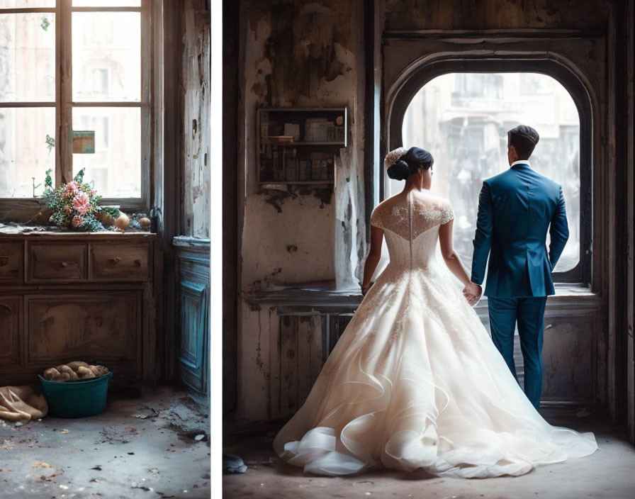 Bride and groom in flowing gown and blue suit in dilapidated room with arched window