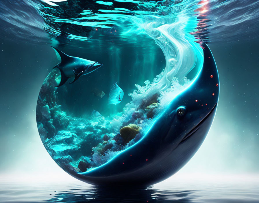 Surreal underwater ecosystem with whale, shark, fish in bubble vortex