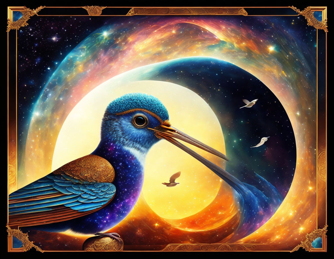 Colorful cosmic bird digital artwork with blue head and golden details in ornate frame against swirling galaxy backdrop