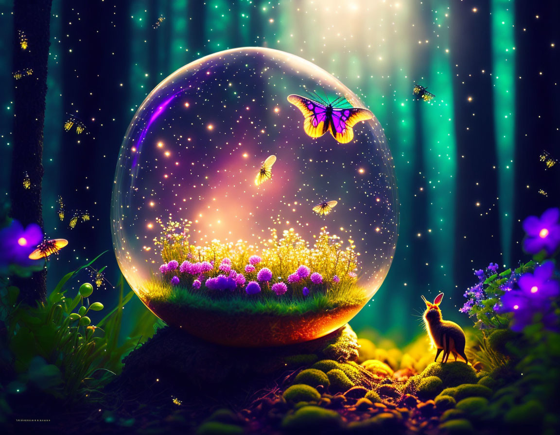 Enchanted forest scene with glowing sphere and mini ecosystem