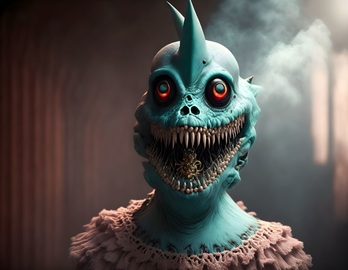 Sinister Blue Creature with Sharp Teeth and Horn Emitting Smoke