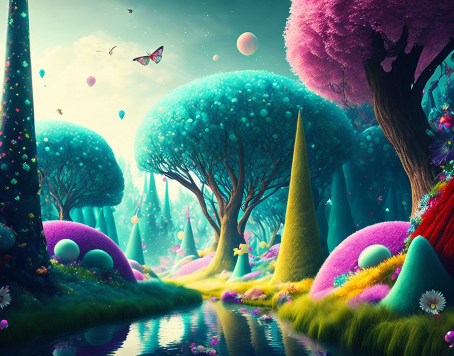 Colorful fantasy landscape with whimsical trees, serene river, and glowing orbs