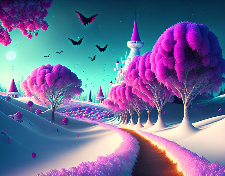 Pink-Purple Trees, Castle Path, Birds, Moon: Twilight Fantasy Landscape