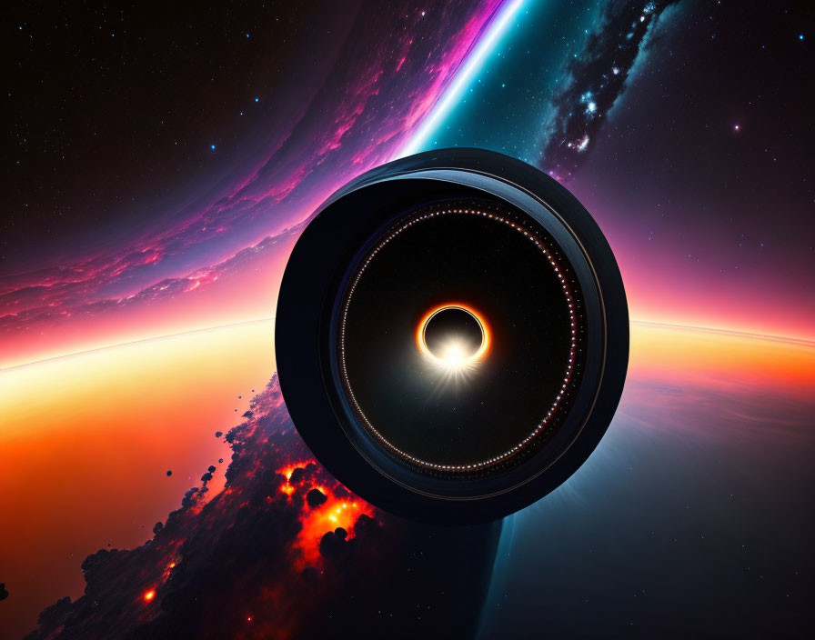 Futuristic camera lens in space with planet, nebulae, and black hole.