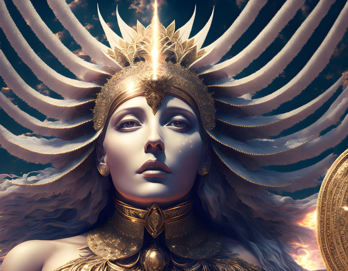 Majestic figure in ornate headdress and golden armor on celestial background