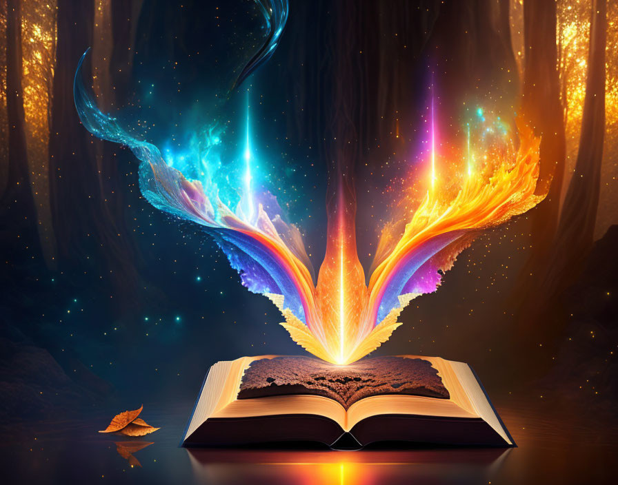 Book with Colorful Fiery Wings in Mystical Forest Setting