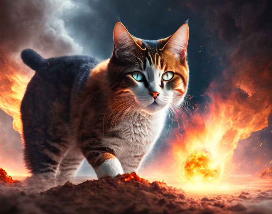 Majestic cat with striking eyes in apocalyptic landscape