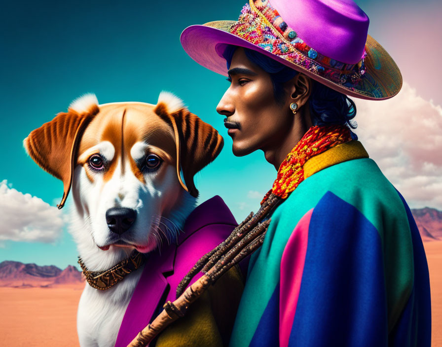 Colorfully dressed person with wide-brimmed hat and dog in desert scene