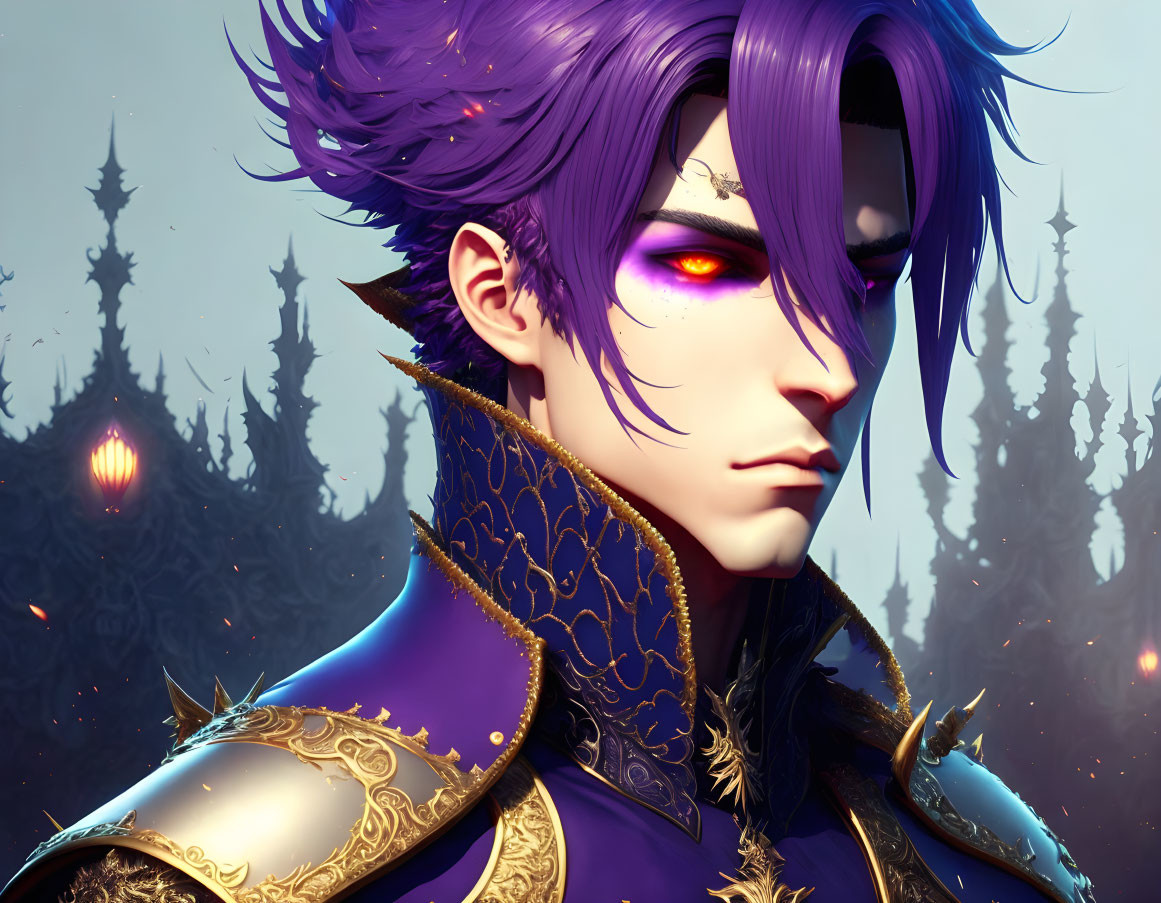 Stylized character with purple hair and golden eyes in blue and gold armor against dusky forest backdrop