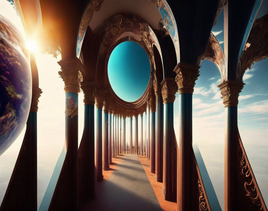 Ornate columns and arches in fantastical corridor with Earth against celestial backdrop